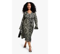 Boohoo Plus Animal Print Chiffon Ruffle Midi Dress In Stone stone 22