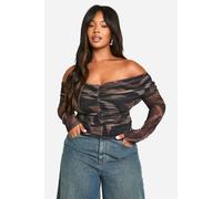 Boohoo Plus Animal Ruched Front Bardot Long Sleeve Top In Black black