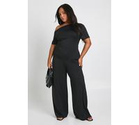 boohoo Women's Plus Asymmetric Ruched Side Detail T-Shirt & Wide Leg Trouser in Black | Size: 18