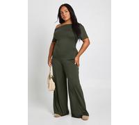 Boohoo Plus Asymmetric Ruched Side Detail T Shirt And Wide Leg Trouser In Khaki khaki 28