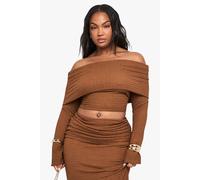 Boohoo Plus Bardot Crinkle Long Sleeve Top In Tan tan 28