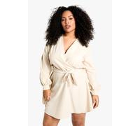 Boohoo Plus Blouson Sleeve Mini Wrap Dress In Stone stone 18