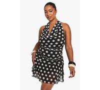 Boohoo Plus Blurred Polka Dot Mesh Drop Hem Mini Dress In Black black 28