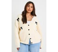 Boohoo Plus Bow Detail V Neck Cardigan In Cream cream 16-18