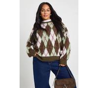 boohoo Women's Plus Brushed Knit Argyle Oversized Knitted Jumper in Khaki | Size: 16/18