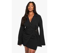 Boohoo Plus Buckle Detail Tie Waist Tailored Blazer Dress In Black black 26