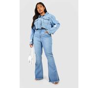 Boohoo Plus Butt Shaper Stretch Fray Hem Denim Flares In Acid Wash Light Blue acid wash light blue 24