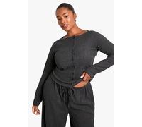 Boohoo Plus Button Through Long Sleeve Textured Top In Charcoal charcoal 26