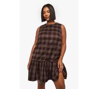 Boohoo Plus Check Button Down Drop Hem Smock In Brown brown 24