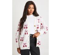 Boohoo Plus Cherry Knitted Christmas Cardigan In Cream cream 20-22