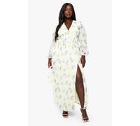 Boohoo Plus Chiffon Long Sleeve Pleated Waist Maxi Dress In Lemon lemon 28