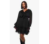 Boohoo Plus Chiffon Long Sleeve Ruffle Dress In Black black 28