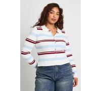 Boohoo Plus Collared Stripe Crew Neck Cardigan In Blue blue 16-18