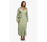 Boohoo Plus Collared Tie Side Maxi Dress In Khaki khaki 22