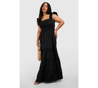Boohoo Plus Cotton Frill Sleeve Maxi Smock Dress In Black black 18