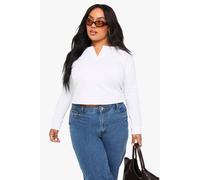 boohoo Women's Plus Cotton Henley Button Down Boxy Top in White | Size: 16