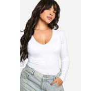 Boohoo Plus Cotton Plunge Long Sleeve Bodysuit In White white 22