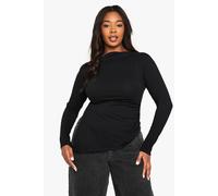 Boohoo Plus Cotton Ruched Side Asymmetric Hem Long Sleeve Top In Black black 28