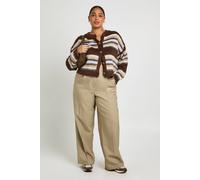 Boohoo Plus Crew Neck Fluffy Stripe Cardigan In Chocolate chocolate 24-26