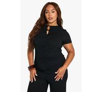 Boohoo Plus Crinkle Button Sleeve Top In Black black 26