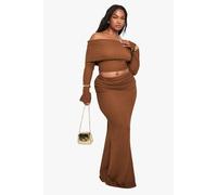 Boohoo Plus Crinkle Fold Over Maxi Skirt In Tan tan 16