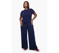Boohoo Plus Crinkle Rib Button Through Cap Sleeve Top And Trouser Set In Navy navy 20