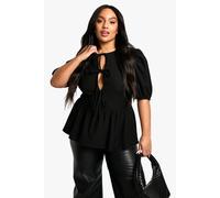 Boohoo Plus Crinkle Tie Front Puff Sleeve Smock Top In Black black 26