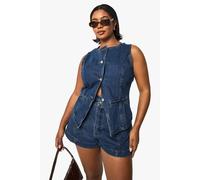 Boohoo Plus Denim Longline Waistcoat In Mid Blue mid blue 24