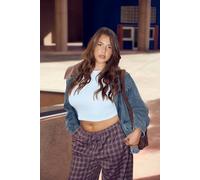 Boohoo Plus Denim Oversized Bomber Jacket In Mid Blue mid blue 24