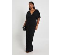 Boohoo Plus Double Layer Ruched Plunge Batwing Maxi Dress In Black black 18