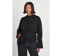 Boohoo Plus Drape Knot Front Long Sleeve Cowl Blouse In Black black 26