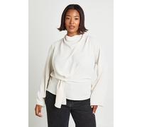 Boohoo Plus Drape Knot Front Long Sleeve Cowl Blouse In Cream cream 26