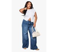 Boohoo Plus Elasticated Waistband Wide Leg Jeans In Mid Blue mid blue 18