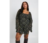 Boohoo Plus Floral Chiffon Godet Skater In Black black 26