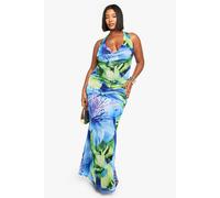 Boohoo Plus Floral Mesh Twist Maxi Dress In Cobalt cobalt 28