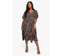 Boohoo Plus Floral Print Midi Smock Dress In Black black 24
