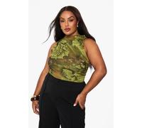 Boohoo Plus Floral Ruched Mesh Top In Olive olive 22