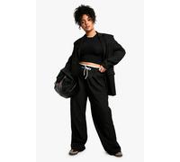 Boohoo Plus Fray Hem Double Waistband Wide Leg Woven Trousers In Black black 16