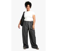 Boohoo Plus Fray Hem Double Waistband Wide Leg Woven Trousers In Charcoal charcoal 28