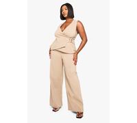 Boohoo Plus Gold Detail Waistcoat And Wide Leg Trouser In Beige beige 26