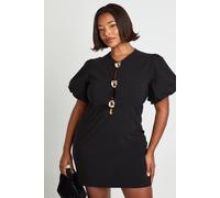 Boohoo Plus Gold Trim Detail Puff Sleeve Shift Dress In Black black 24