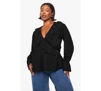 boohoo Women's Plus Jacquard Floral Wrap Ruffle Blouse in Black | Size: 20