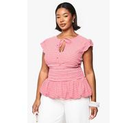 Boohoo Plus Keyhole Gingham Puffball Smock Top In Red red 22