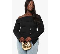 Boohoo Plus Knitted Bardot Gold Trim Split Hem Top In Black black 22