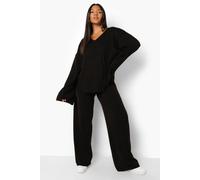 Boohoo Plus Knitted V Neck Side Split Trouser Set In Black black 24