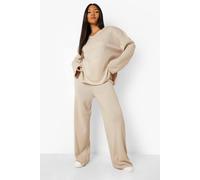 Boohoo Plus Knitted V Neck Side Split Trouser Set In Stone stone 28