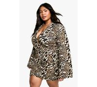 Boohoo Plus Leopard Buckle Detail Tailored Blazer Dress In Brown brown 28