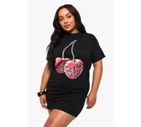 Boohoo Plus Leopard Cherry Oversized T-Shirt Dress In Black black 22