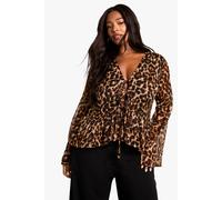 Boohoo Plus Leopard Tie Front Ruffle Blouse In Brown brown 20