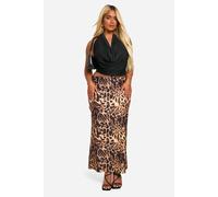 Boohoo Plus Leopard Woven Stretch Bow Trim Midaxi Skirt In Brown brown 16